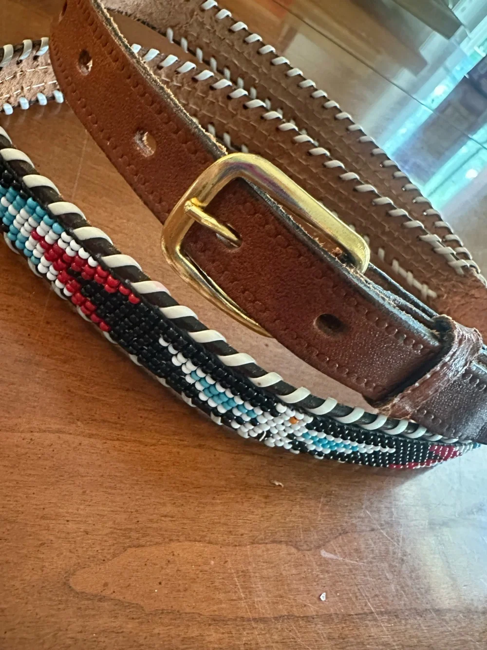 Vintage Hand Beaded Leather Southwestern Belt Size 38 Black Brown Western Boho